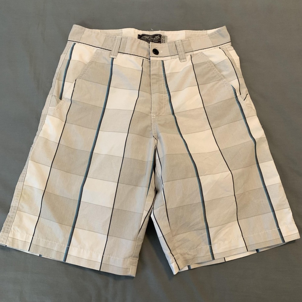 Retrofit Shorts Mens 31 White Gray Plaid‎ Flat Front Casual Cargo Golf